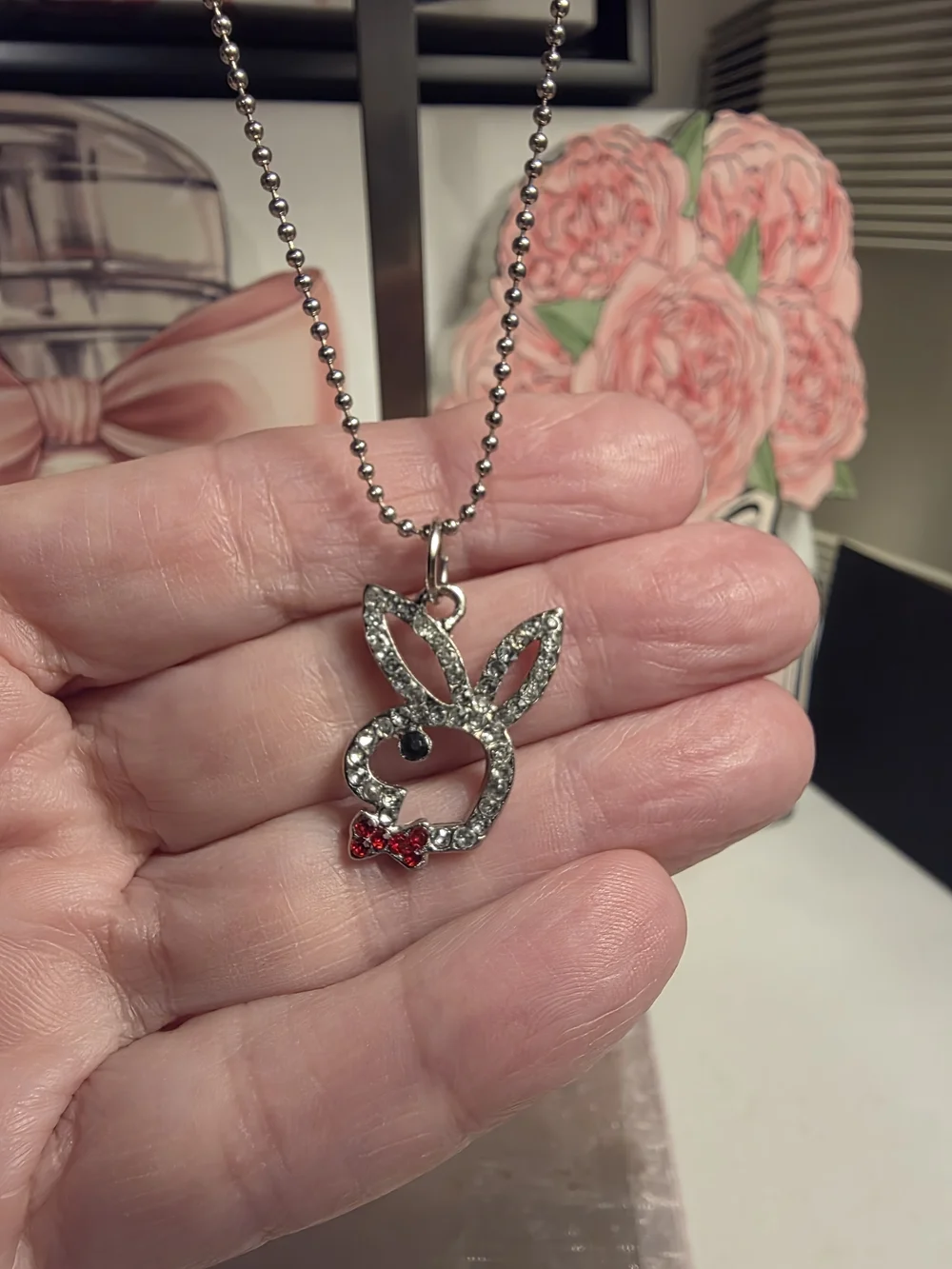 Silver Crystal Bunny Pendant Necklace with Red Bow Accent